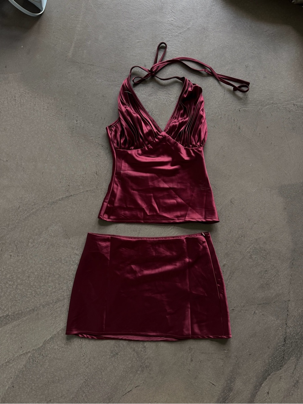 Peppermayo Burgundy Satin Halter Cami & Mini Skirt Set